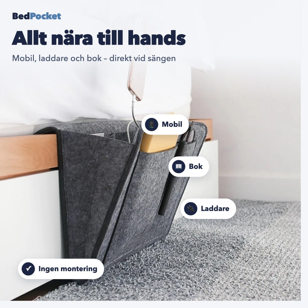 BedPocket sängficka med mobil, bok och laddare